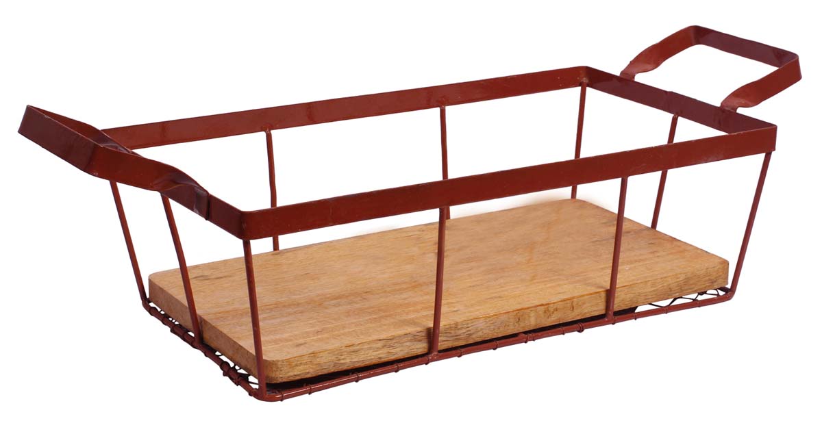 Handmade Brown Catchall Tray with Metal Wires at the Base - Cast in Iron - Separate Mango-Wood Board - Holders & Organizers - Home / Office Decor - Buy in Bulk Wholesale